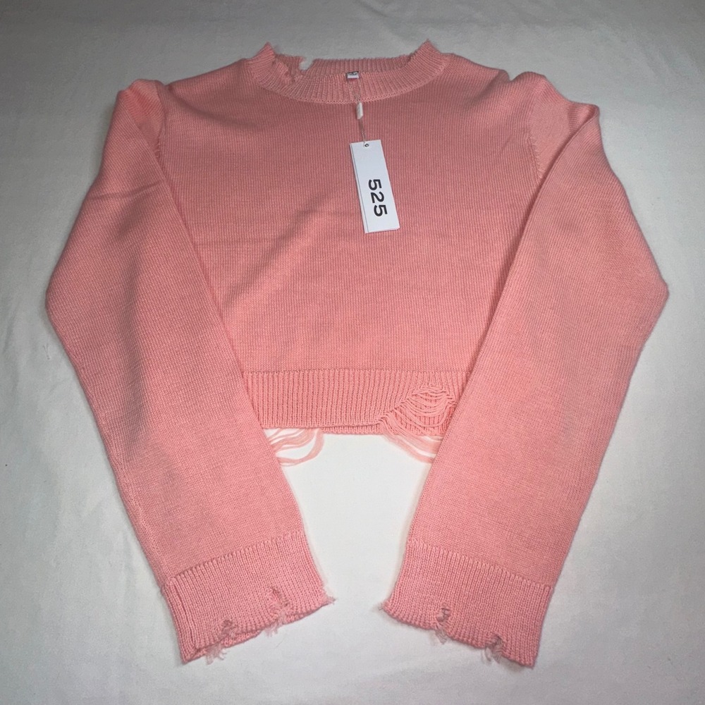 525 America Pink Distressed Cropped Sweater Size S Long Sleeve Knit NWT